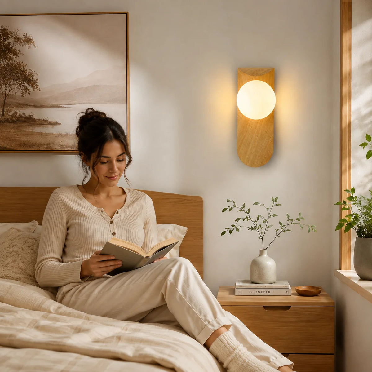 Wall Sconce Wood Frame LED Warm Diffused Light