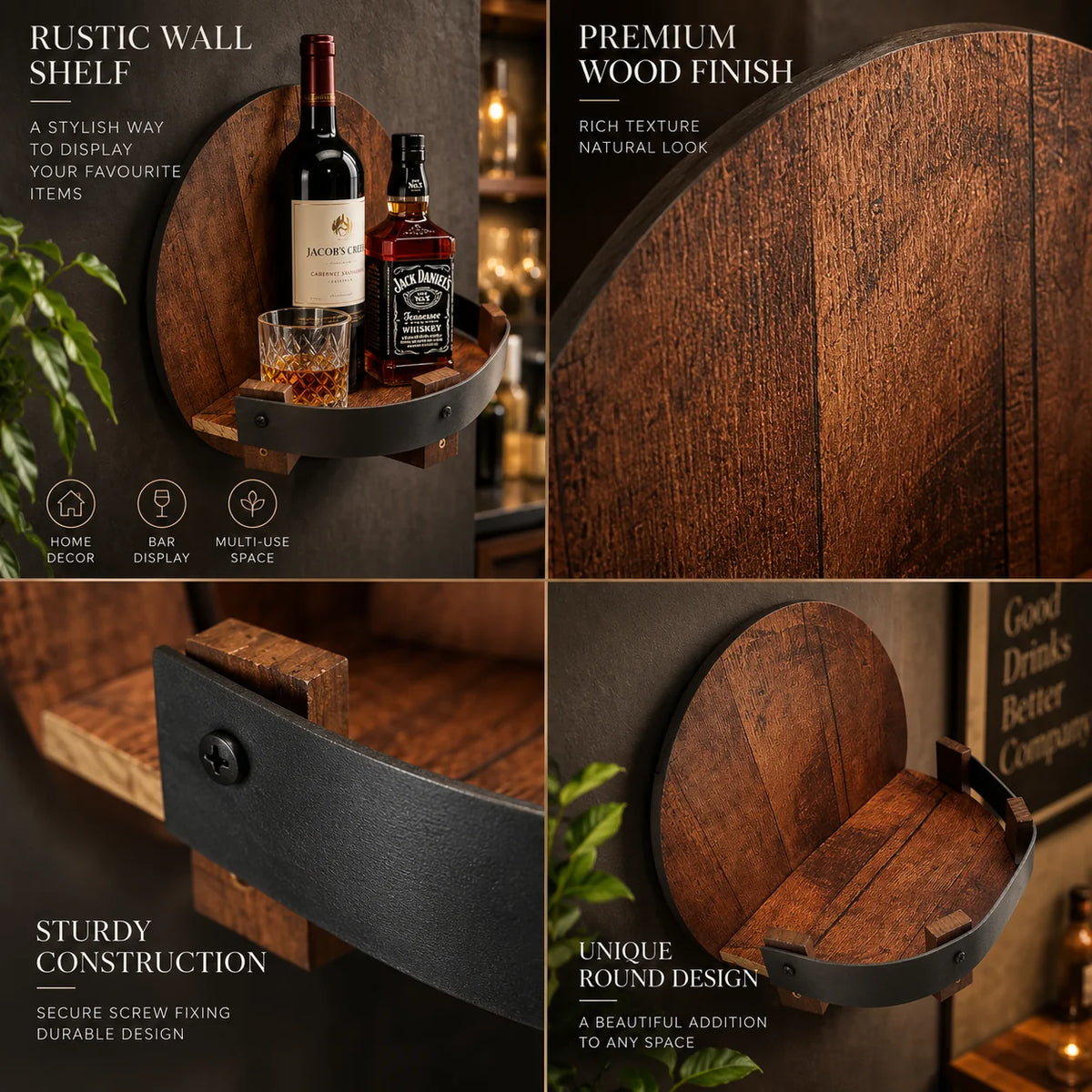 Wall Shelf Round 12 Inch Natural Wood Front Rail