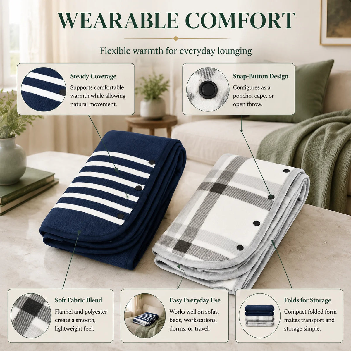 Wearable Blanket Flannel Fleece Snap-Button