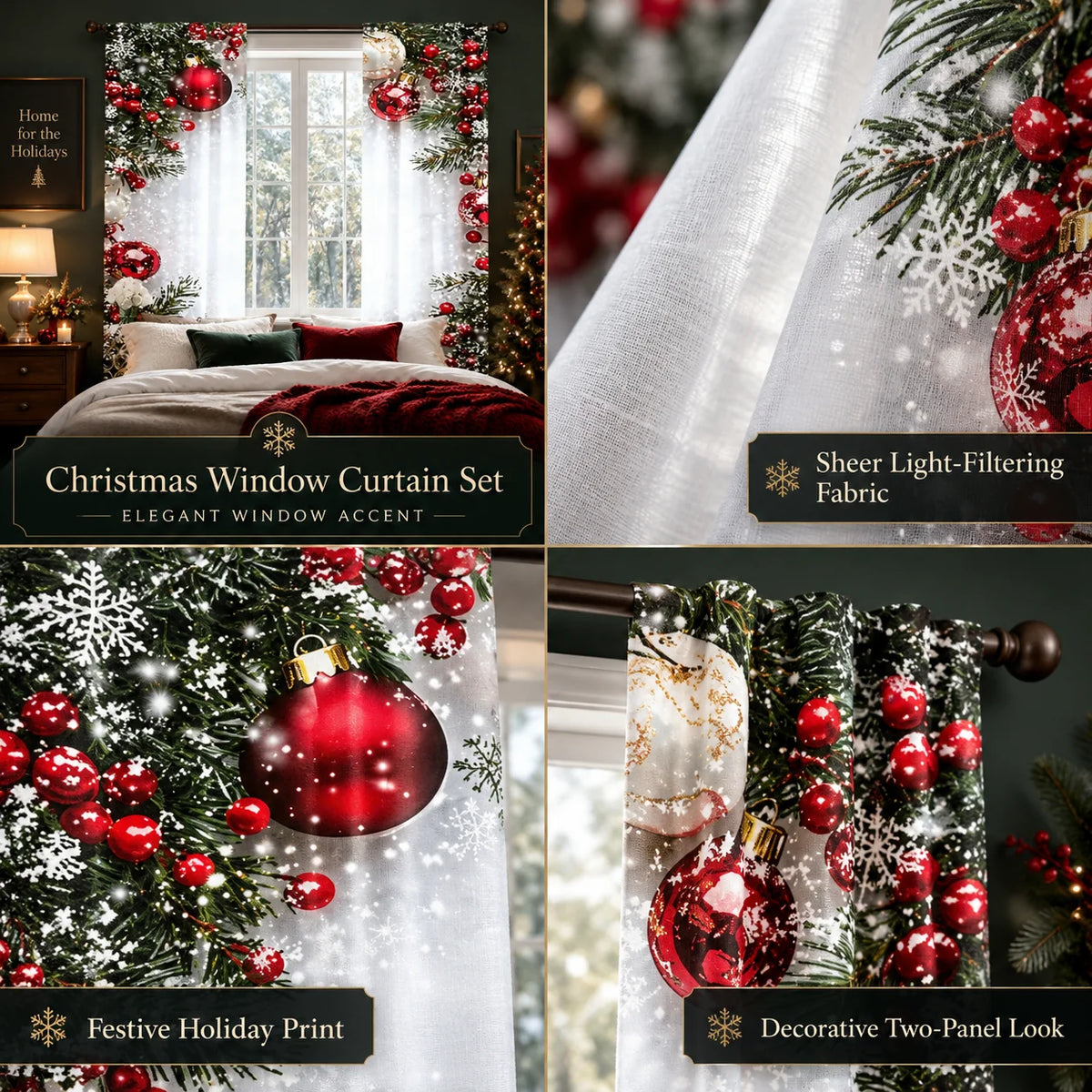 Window Curtains Satin-Sheen Holiday Print Set of 2