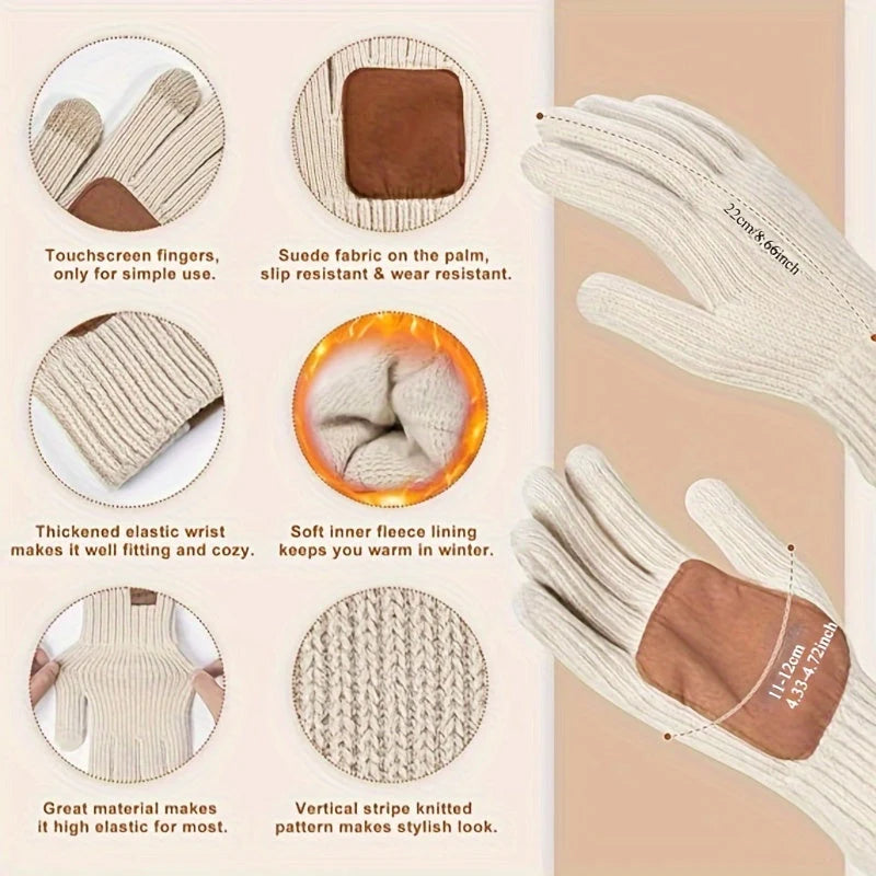 Winter Set Knitted Pom-Pom Hat Long Scarf Touchscreen Gloves
