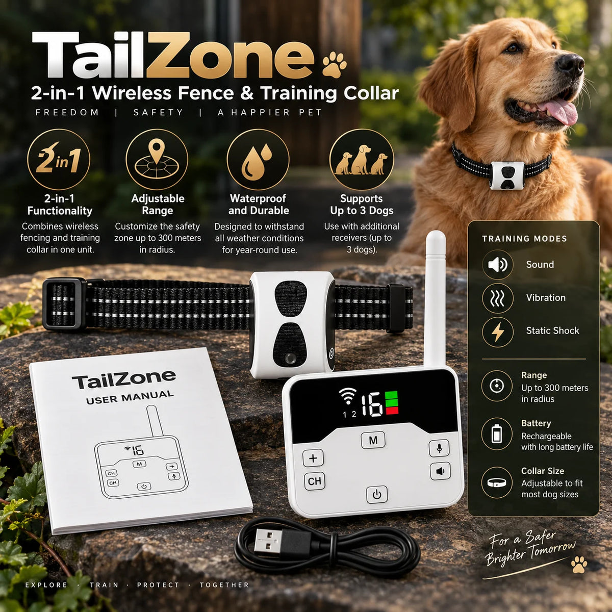 Wireless Dog Fence Rechargeable Collar 300 Meter Range