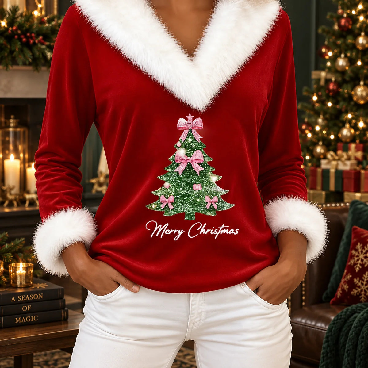 Women's Christmas Top Faux Fur Collar Cotton Blend