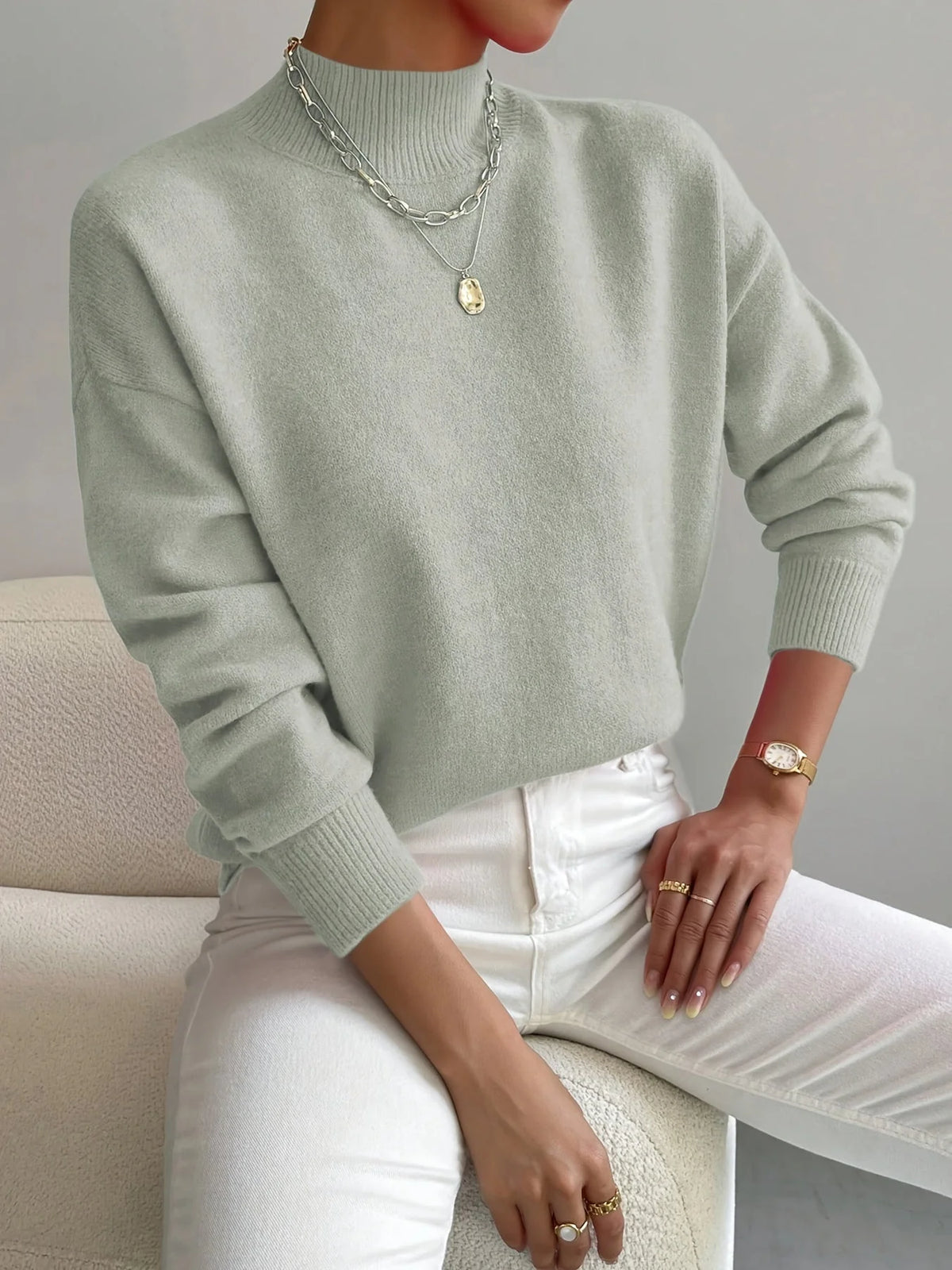 Women's Sweater Soft Knit Raised Neckline Straight Fit