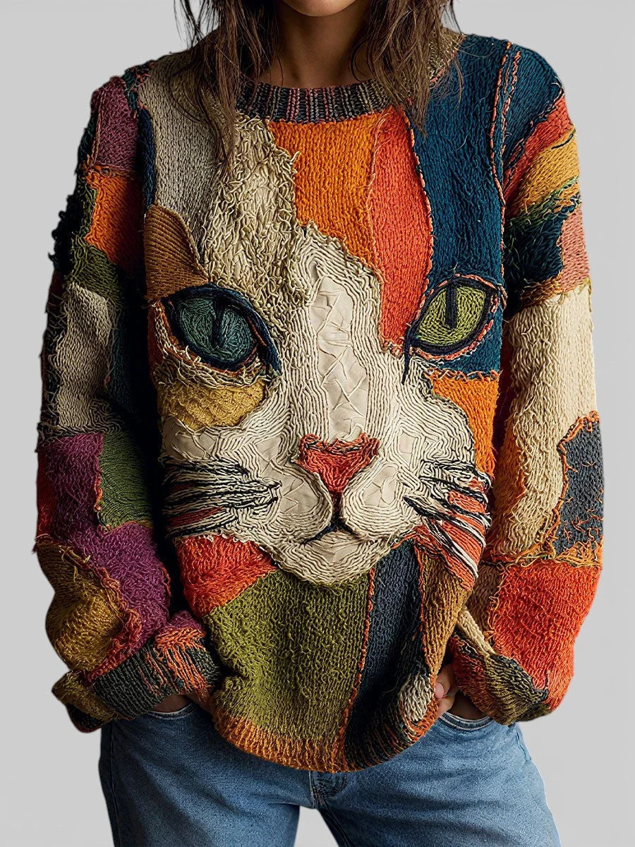 Women's Top Patchwork Cat Print Loose Fit