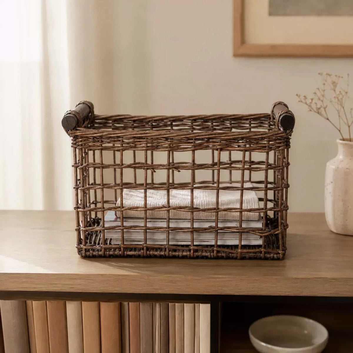 Woven Storage Basket Handwoven Natural Fiber Handles