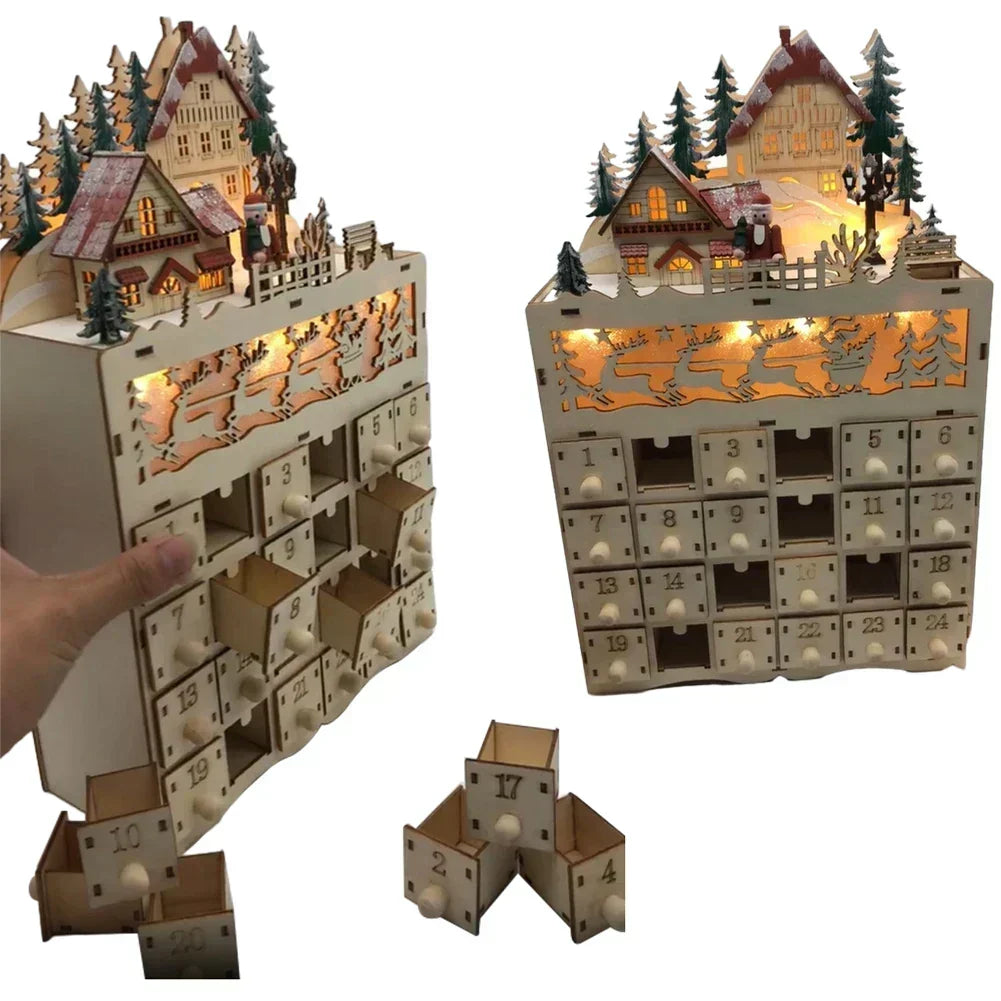 Advent Calendar Wooden Reindeer Village 24 Drawers