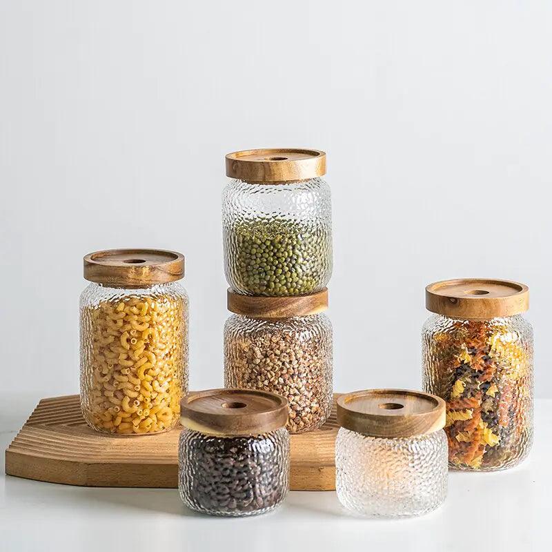 Airtight Glass Jar Hammered Glass Dark Wood Lid & Silicone Gasket