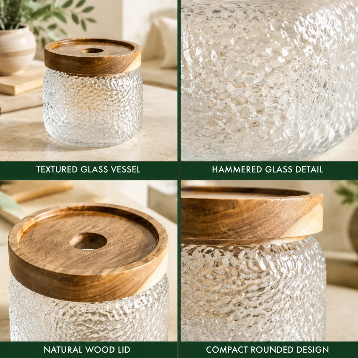 Airtight Glass Jar Hammered Glass Dark Wood Lid & Silicone Gasket