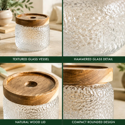 Airtight Glass Jar Hammered Glass Dark Wood Lid & Silicone Gasket