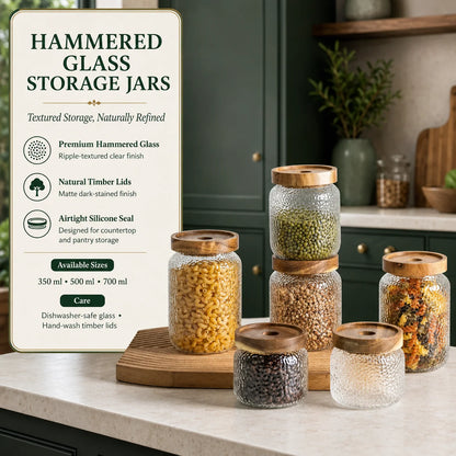 Airtight Glass Jar Hammered Glass Dark Wood Lid & Silicone Gasket