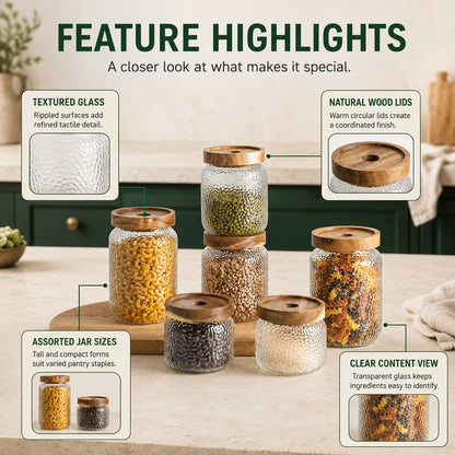 Airtight Glass Jar Hammered Glass Dark Wood Lid & Silicone Gasket