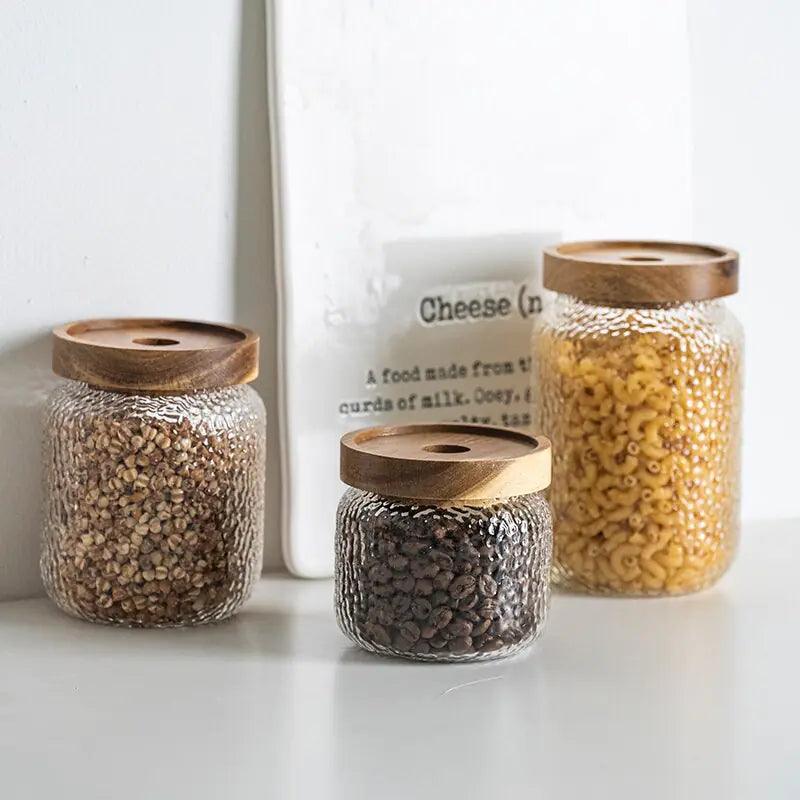 Airtight Glass Jar Hammered Glass Dark Wood Lid & Silicone Gasket