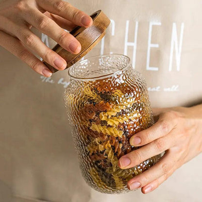 Airtight Glass Jar Hammered Glass Dark Wood Lid & Silicone Gasket
