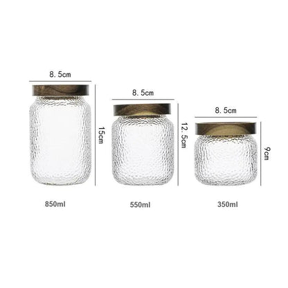 Airtight Glass Jar Hammered Glass Dark Wood Lid & Silicone Gasket