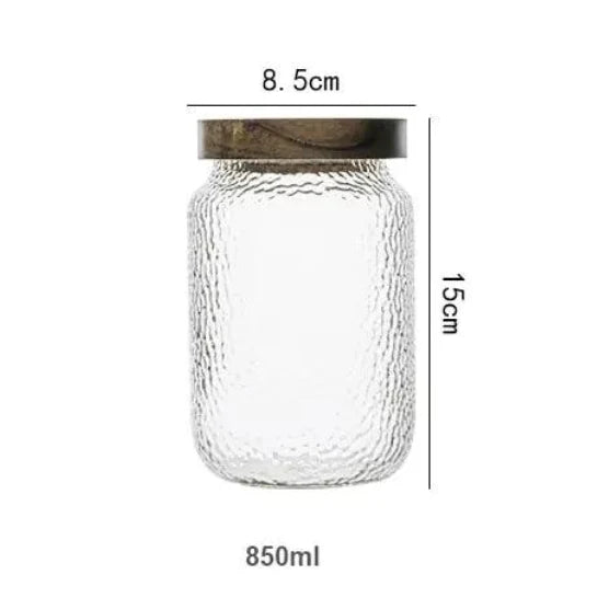 Airtight Glass Jar Hammered Glass Dark Wood Lid & Silicone Gasket
