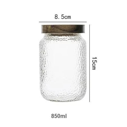 Airtight Glass Jar Hammered Glass Dark Wood Lid & Silicone Gasket