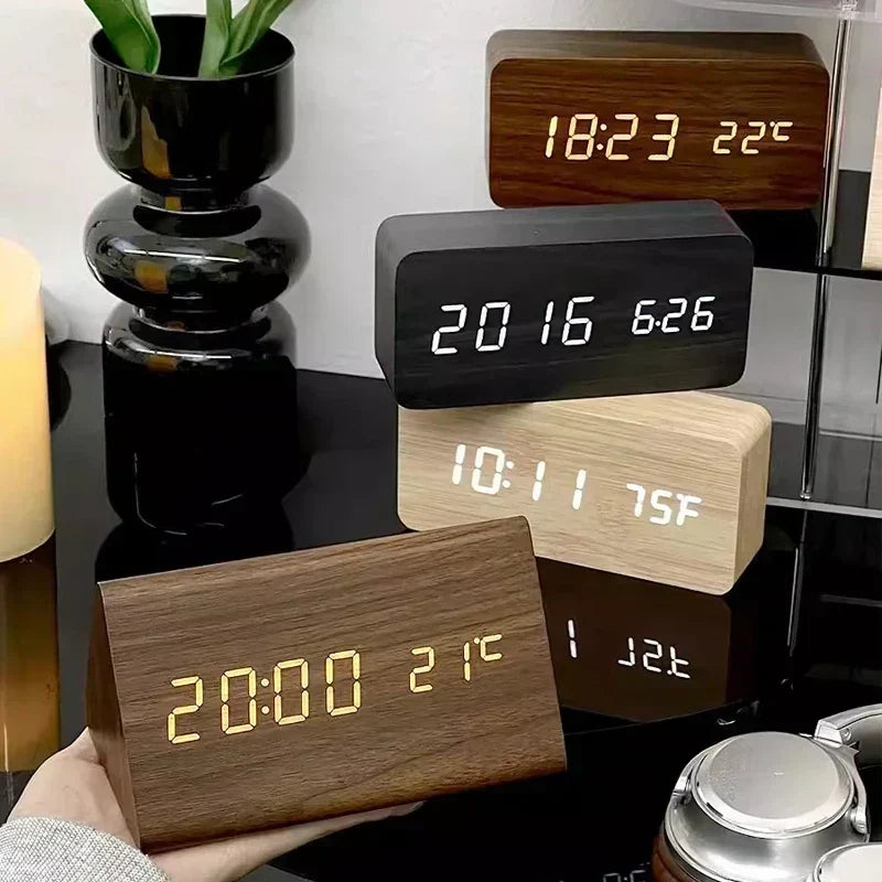 Alarm Clock Voice Control Wooden Finish