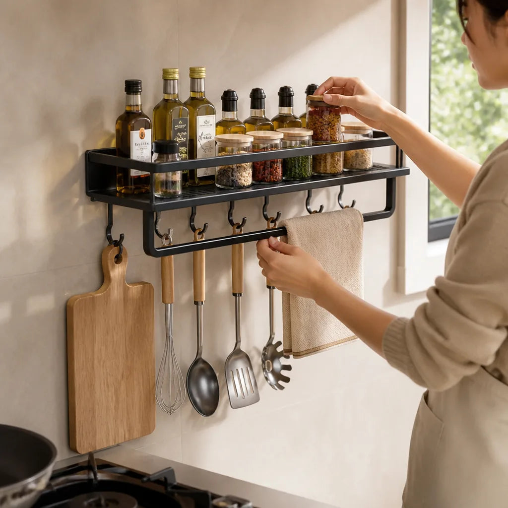 Aluminum Wall-Mounted Kitchen Shelf with Hook Rail
