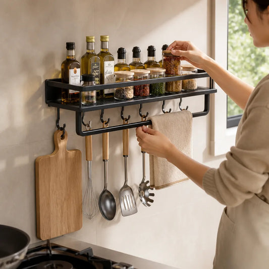 Aluminum Wall-Mounted Kitchen Shelf with Hook Rail