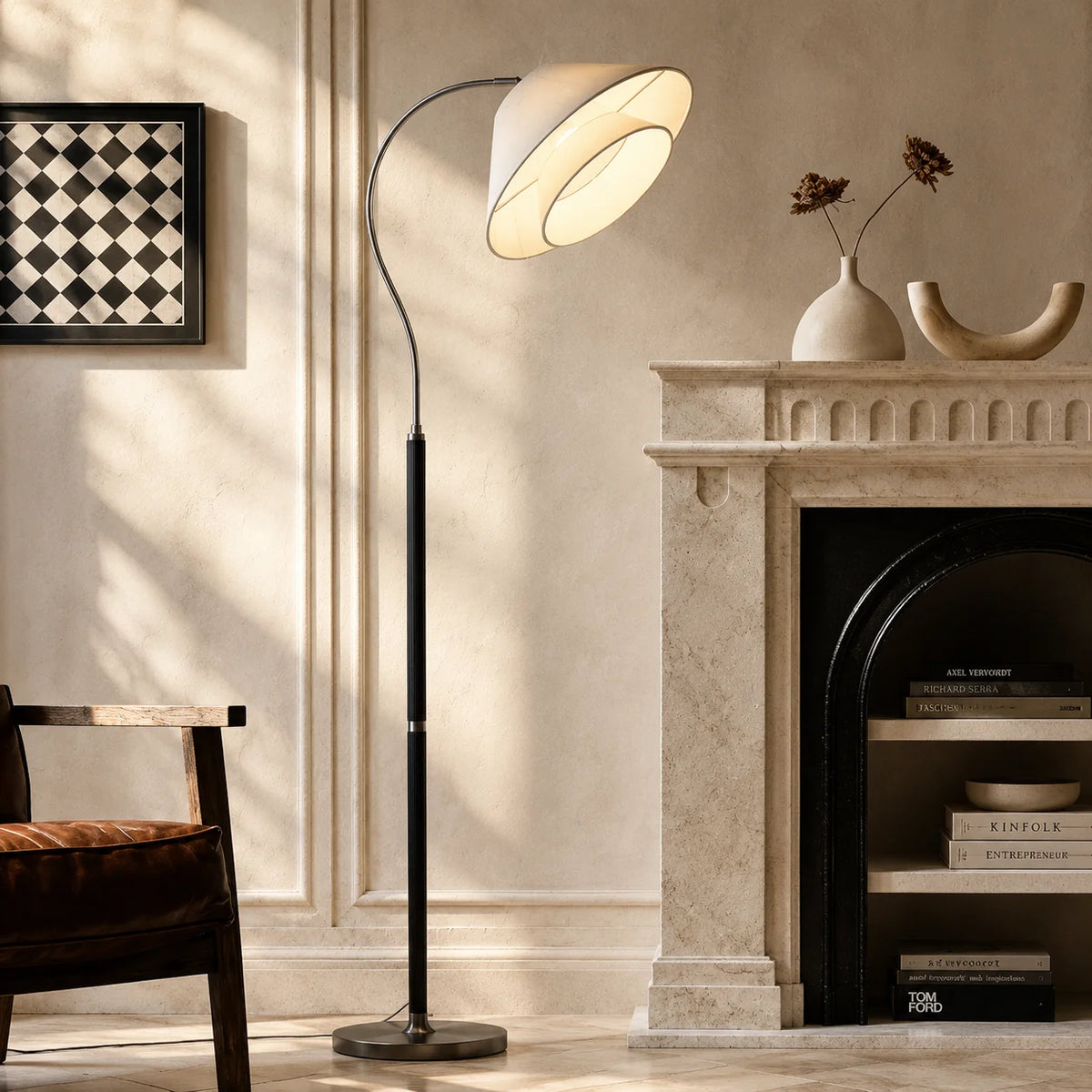 Arc Floor Lamp Wood-Detailed Stem & Fabric Shade