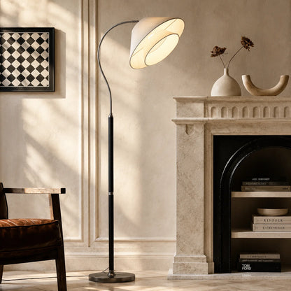 Arc Floor Lamp Wood-Detailed Stem & Fabric Shade
