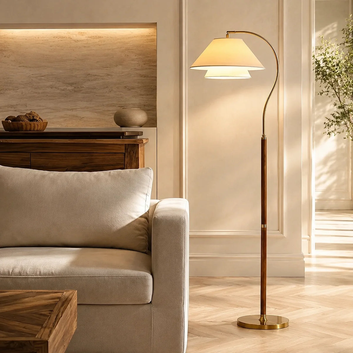 Arc Floor Lamp Wood-Detailed Stem & Fabric Shade