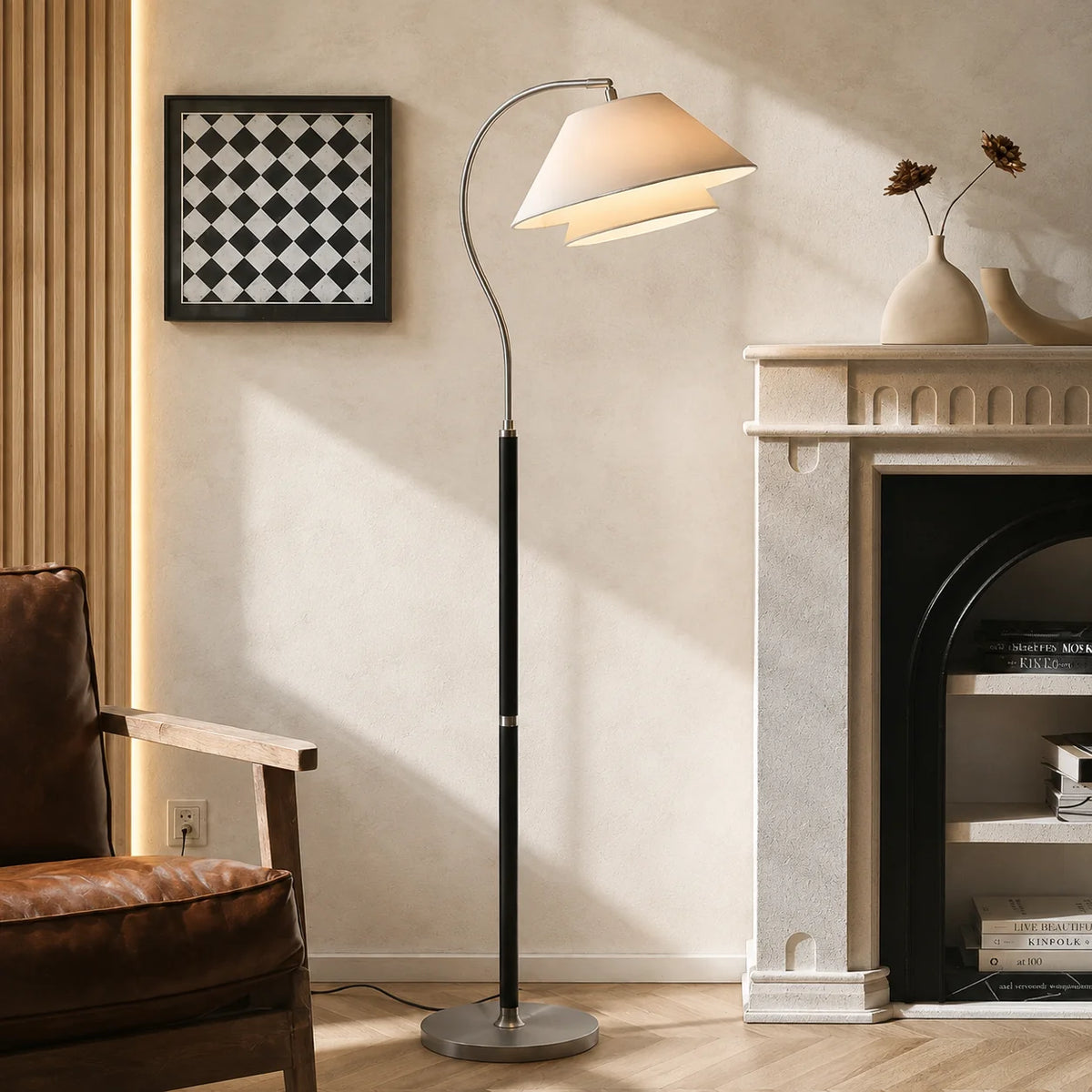 Arc Floor Lamp Wood-Detailed Stem & Fabric Shade