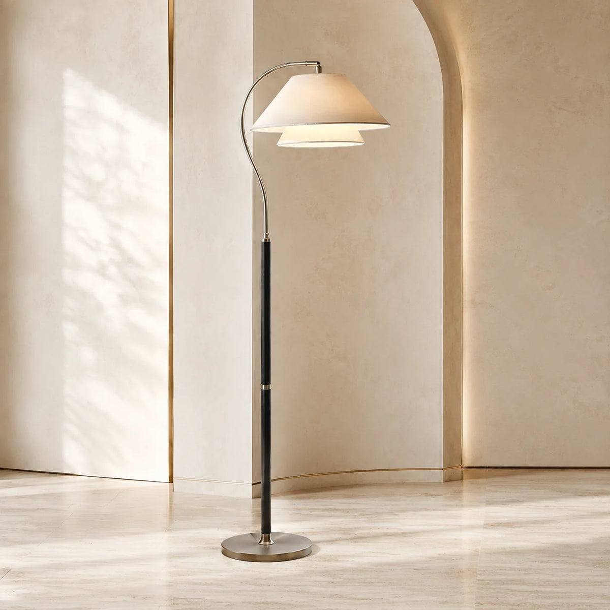 Arc Floor Lamp Wood-Detailed Stem & Fabric Shade