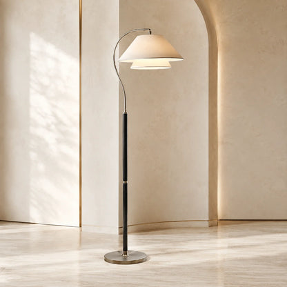 Arc Floor Lamp Wood-Detailed Stem & Fabric Shade