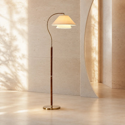 Arc Floor Lamp Wood-Detailed Stem & Fabric Shade