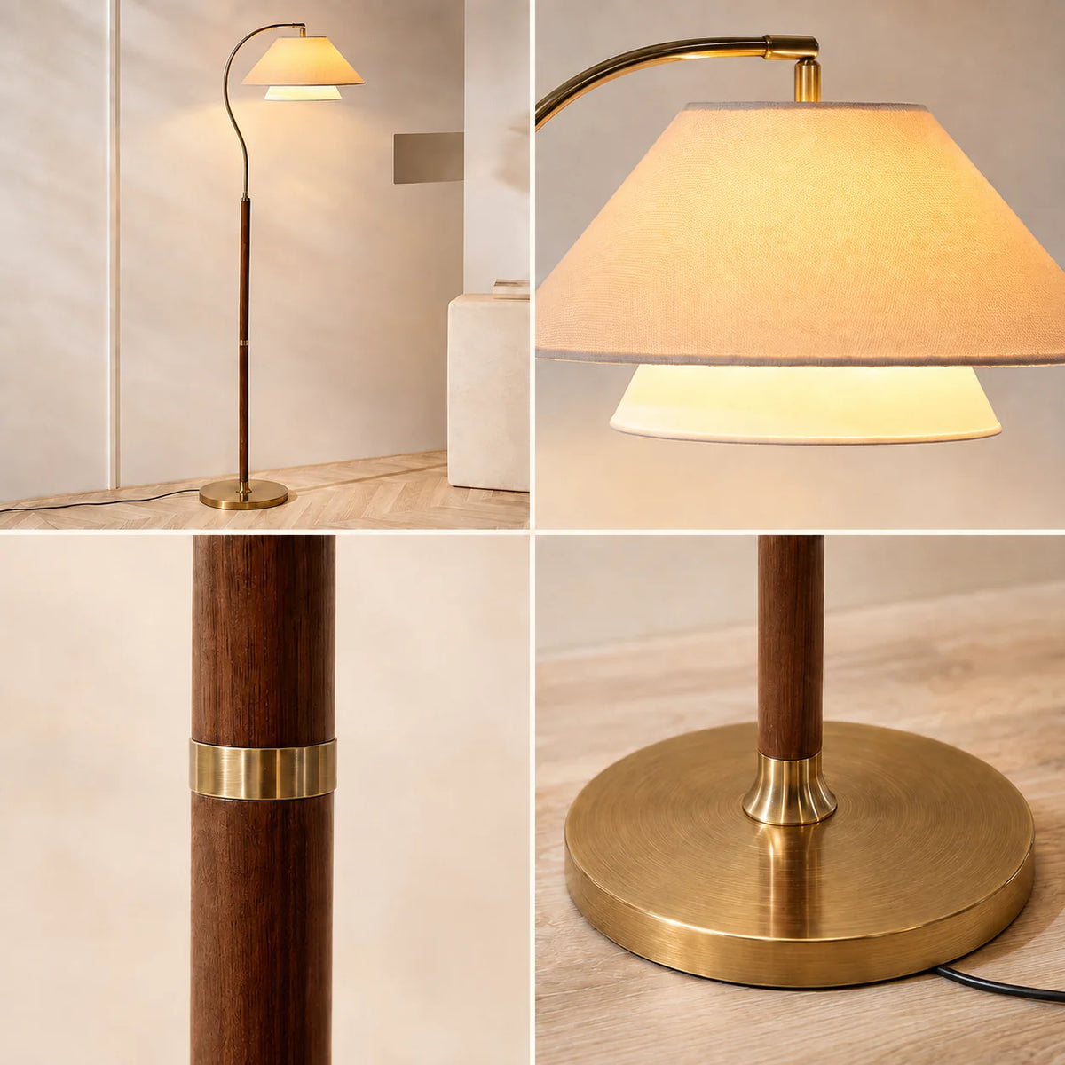 Arc Floor Lamp Wood-Detailed Stem & Fabric Shade