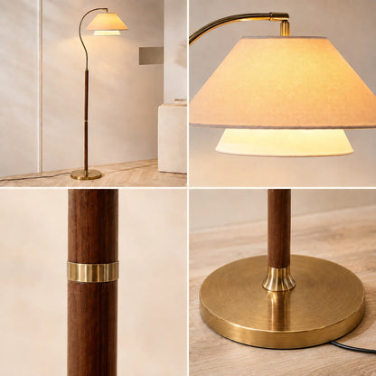 Arc Floor Lamp Wood-Detailed Stem & Fabric Shade