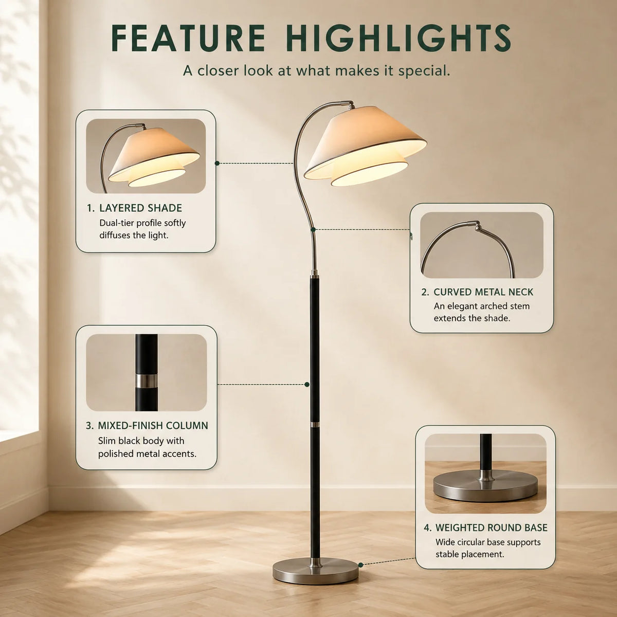 Arc Floor Lamp Wood-Detailed Stem & Fabric Shade
