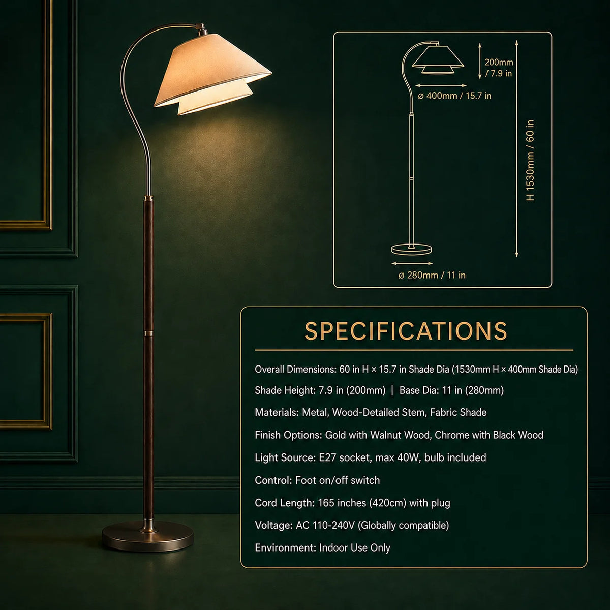 Arc Floor Lamp Wood-Detailed Stem & Fabric Shade