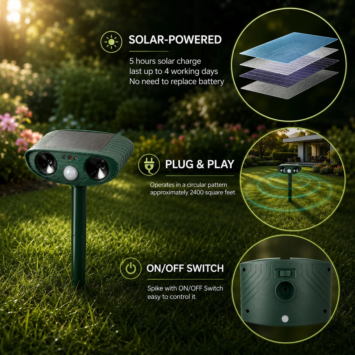 Armadillo Repeller Solar-Powered Ultrasonic Motion-Activated