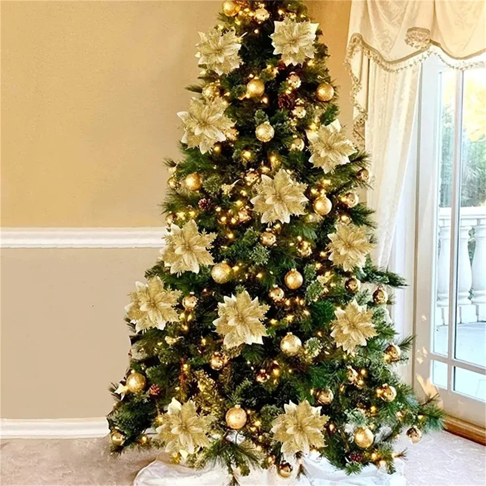 Artificial Christmas Flowers Pink Red Gold Durable Plastic