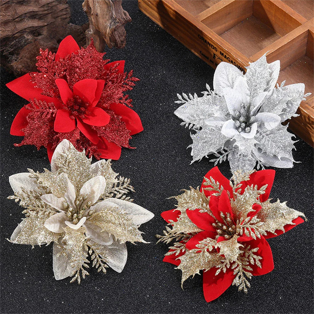 Artificial Christmas Flowers Pink Red Gold Durable Plastic