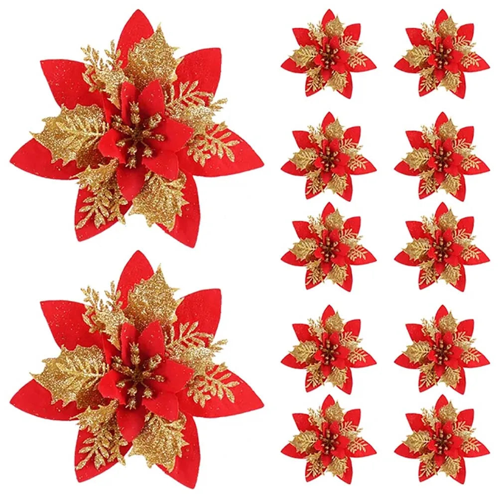 Artificial Christmas Flowers Pink Red Gold Durable Plastic