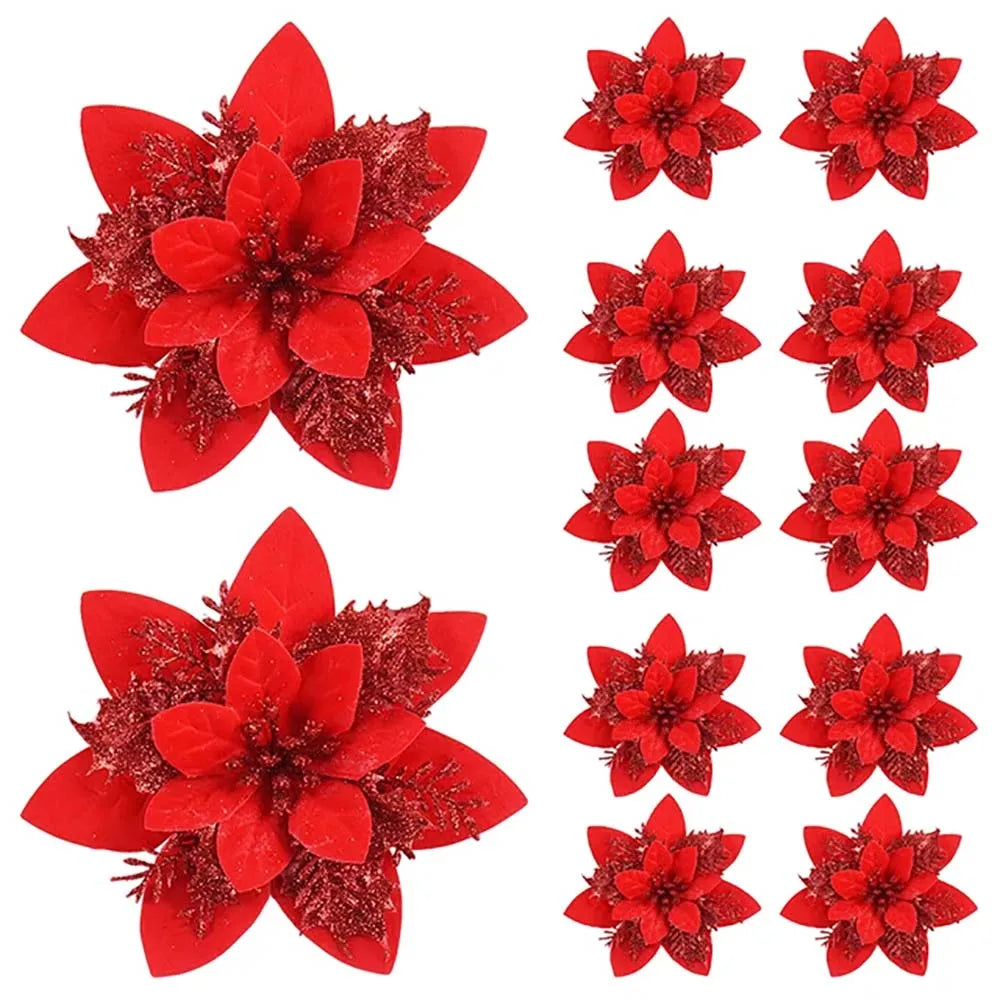 Artificial Christmas Flowers Pink Red Gold Durable Plastic