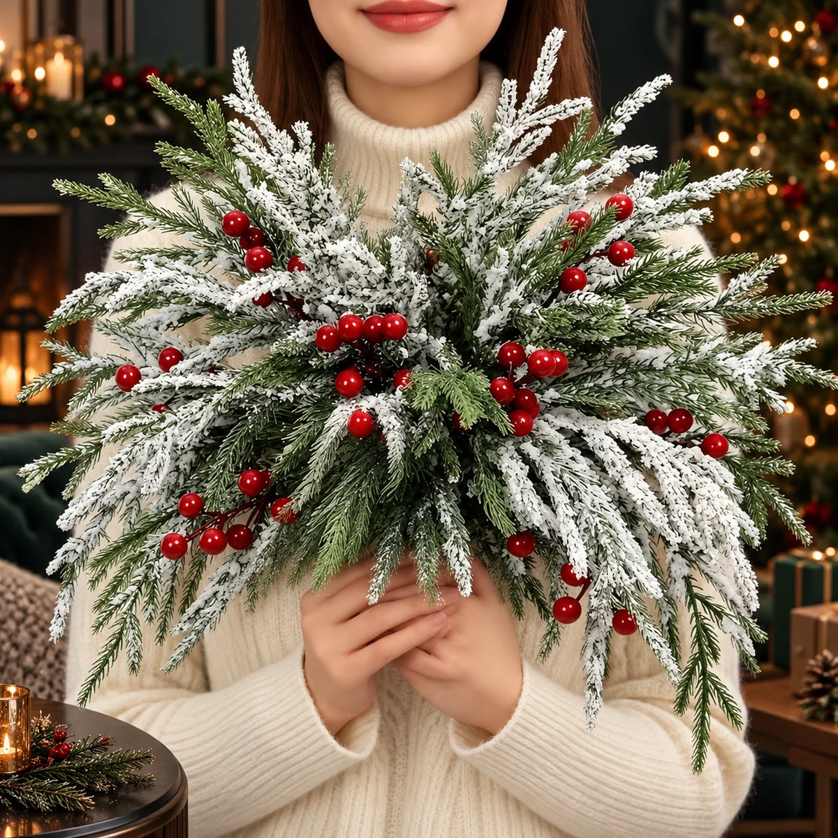 Artificial Greenery Stems Norfolk Pine & Red Berry 20-Pack