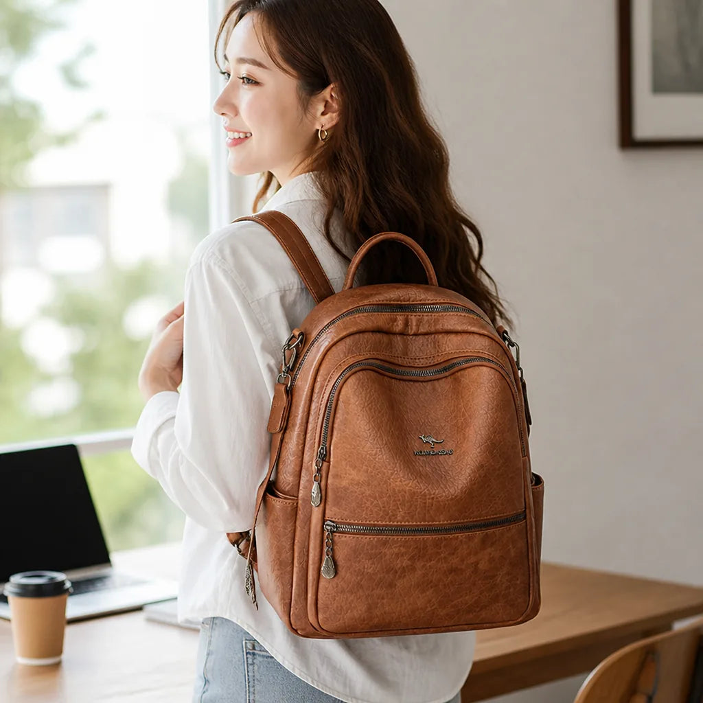 Backpack Genuine Leather Multiple Compartments & Padded Straps