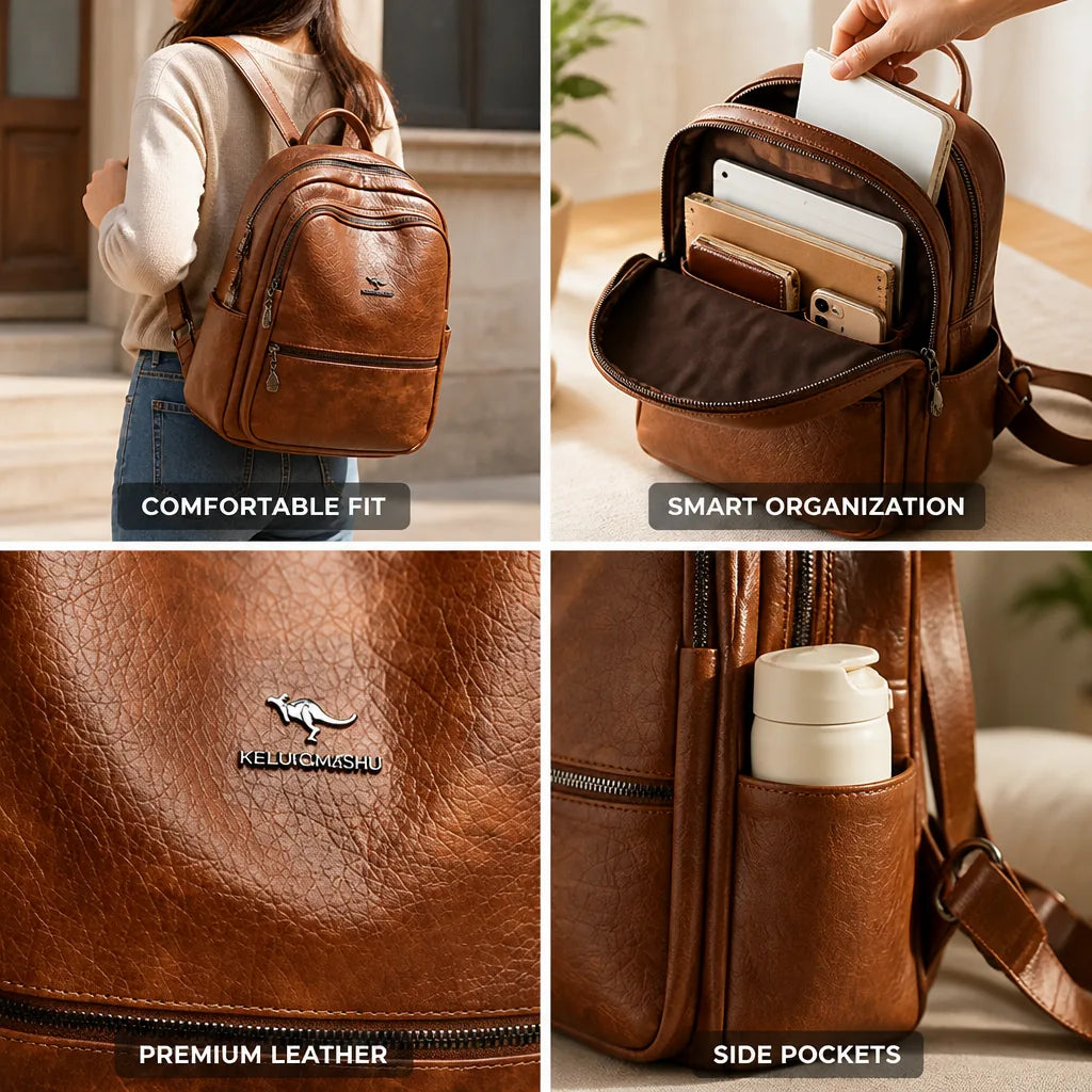 Backpack Genuine Leather Multiple Compartments & Padded Straps