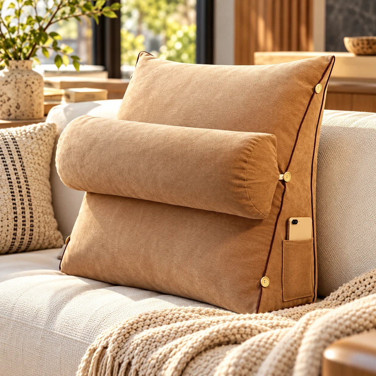 Backrest Reading Pillow Detachable Support Cushion & Side Pockets