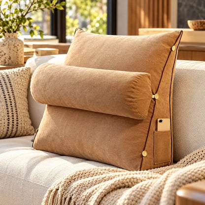 Backrest Reading Pillow Detachable Support Cushion & Side Pockets
