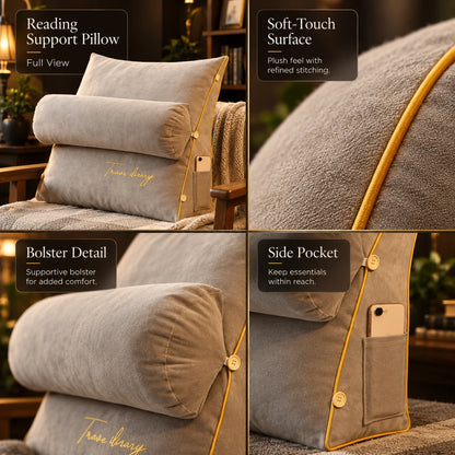 Backrest Reading Pillow Detachable Support Cushion & Side Pockets
