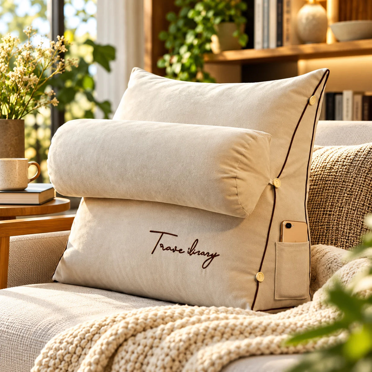 Backrest Reading Pillow Detachable Support Cushion & Side Pockets
