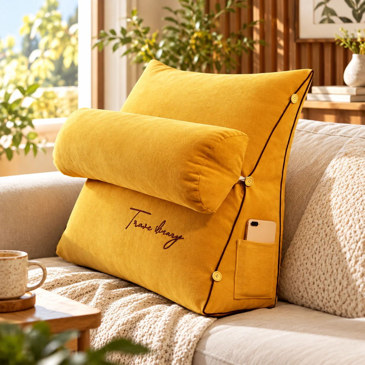 Backrest Reading Pillow Detachable Support Cushion & Side Pockets