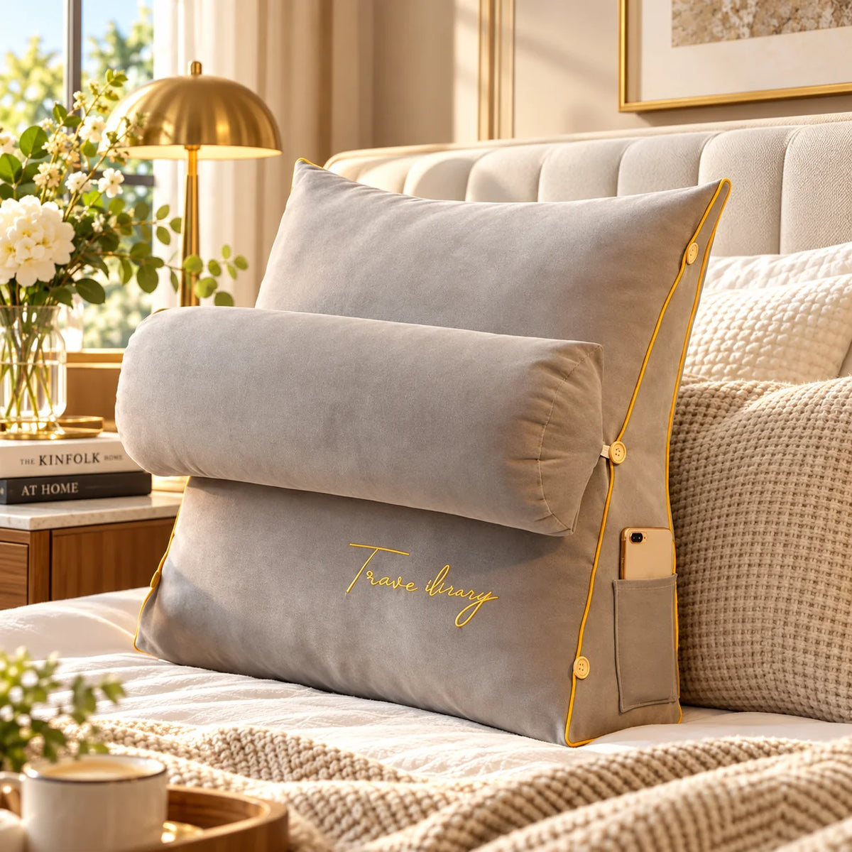 Backrest Reading Pillow Detachable Support Cushion & Side Pockets