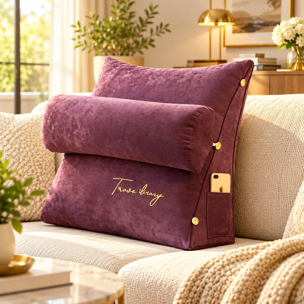 Backrest Reading Pillow Detachable Support Cushion & Side Pockets